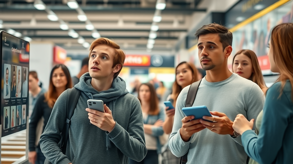 engaged shoppers in a modern retail environment showing what is social proof in marketing, observing digital peer recommendations, lifelike candid interactions