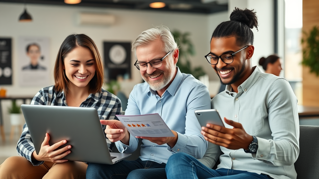 Business owners reading customer reviews on devices using review generation tool