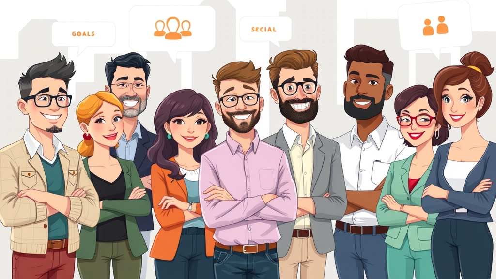 customer journey mapping personas illustrated as diverse characters, each interacting uniquely across cityscape background