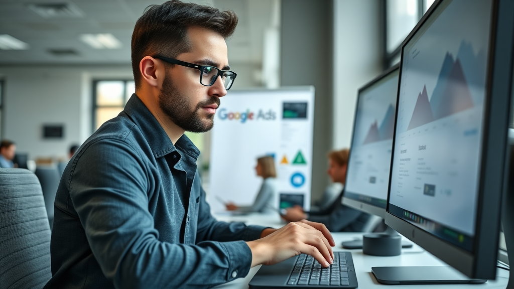 Modern marketer configuring Google Ads retargeting platform campaign on computer in contemporary office