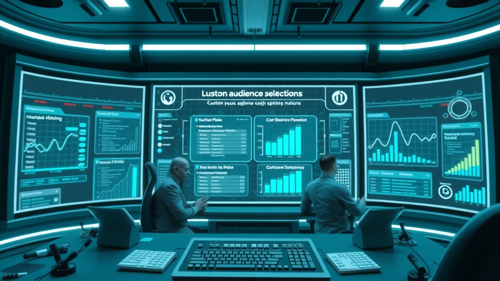 Retargeter platform visualization with innovative custom audience targeting tools in a futuristic dashboard