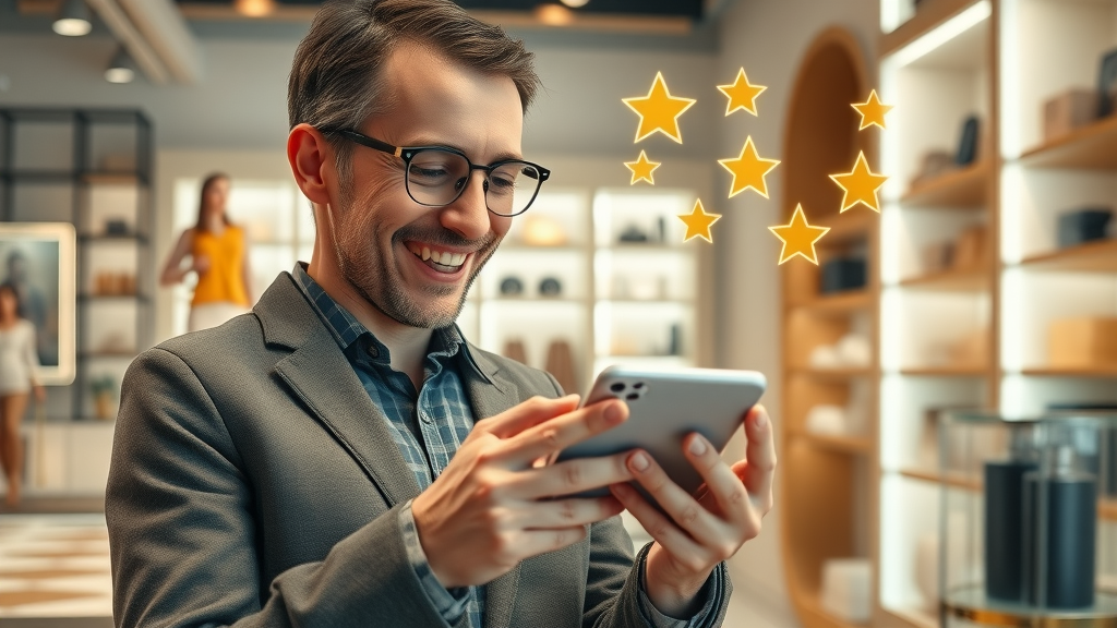 E-commerce business owner analyzing positive reviews and social media reputation in a boutique setting.