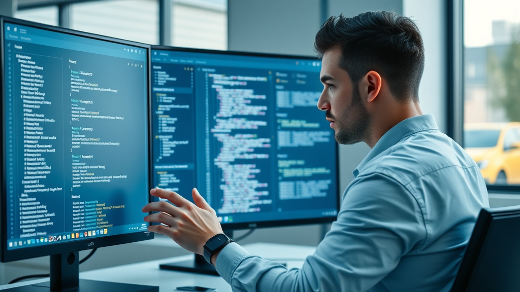 Curious developer reviewing AI coding tool dashboard with auto-generated code suggestions on a modern workspace