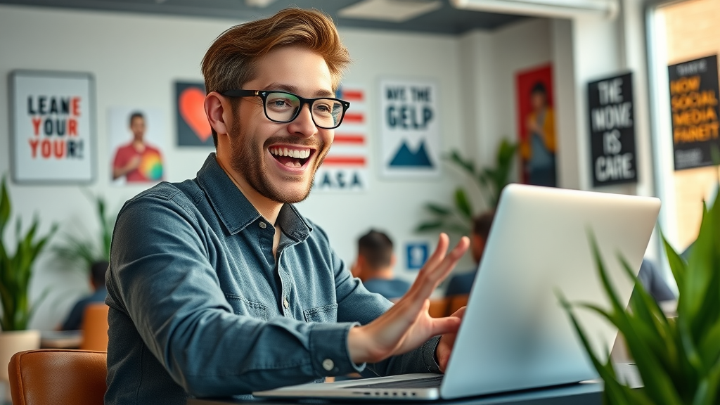 enthusiastic marketer creating social media campaign on laptop in vibrant workspace