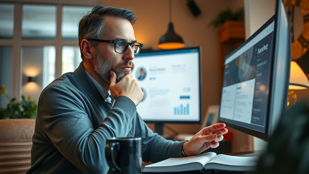 business owner analyzing customer reviews for online feedback response in cozy workspace