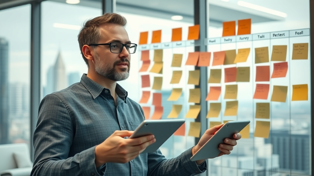 Marketing manager mapping review generation strategy goals on a wall