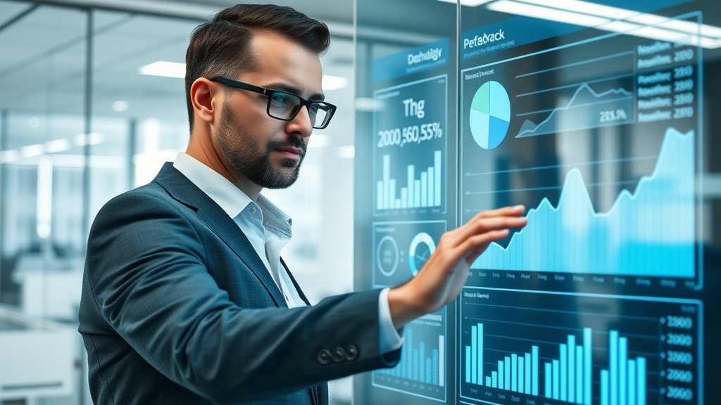 Professional marketer analyzing performance dashboard for social media reputation on digital platforms.
