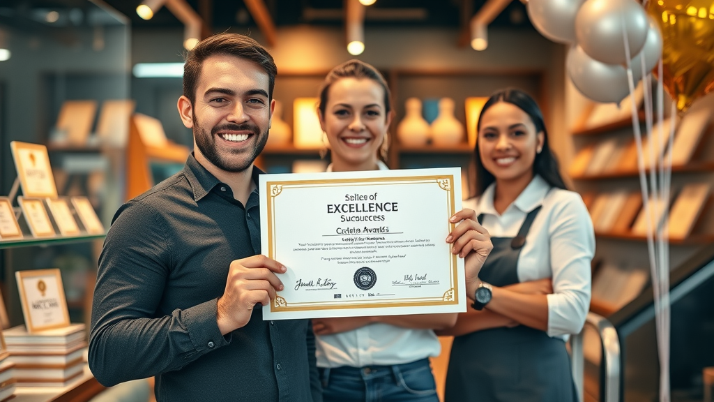 Small business owner celebrating online reputation management success with staff and award