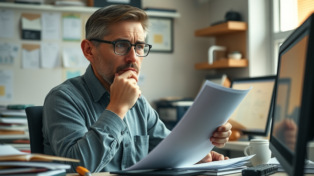 Stressed yet determined small business owner reviewing paperwork for crisis management plan in a modest office environment, glowing computer screen, natural morning light
