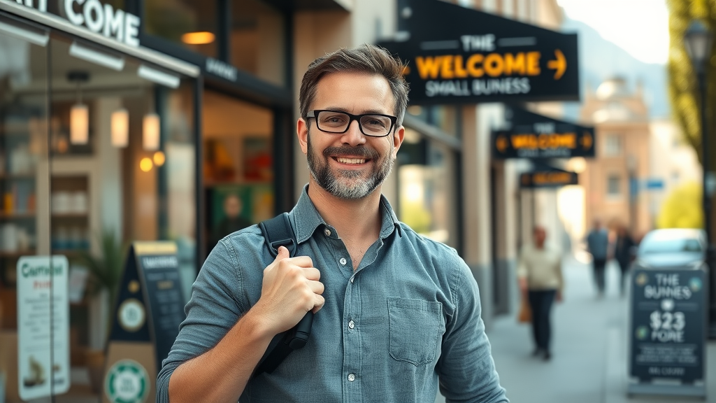 confident small business owner proud expression standing in front of a modern storefront small business reputation management urban street highly detailed welcoming environment