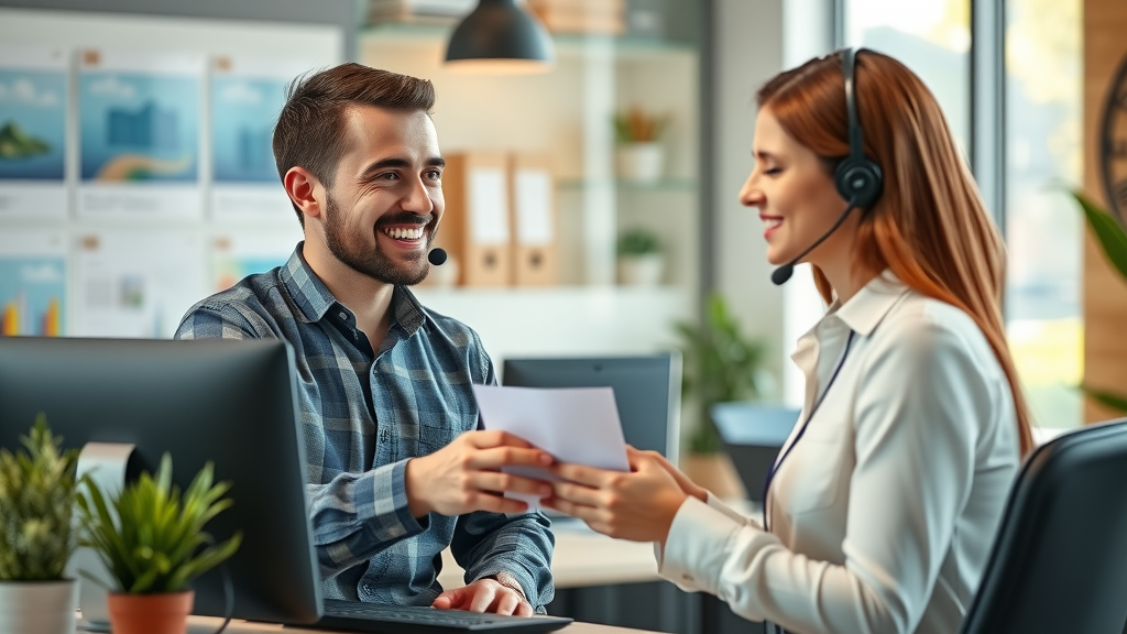 customer trust building warm customer service, customer smiling at service representative, positive expressions, attentive