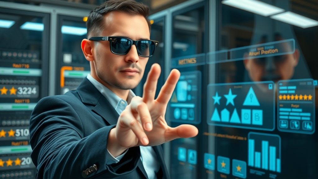 business user utilizing automation software for managing online reviews, futuristic review response techniques