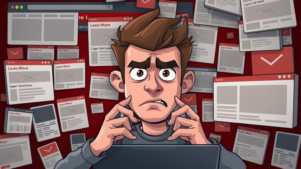 user overwhelmed excessive online ads frustrated expression multiple popups retargeting banners digital cartoon retargeting campaign