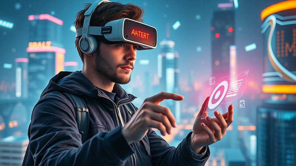 futuristic digital marketing channels with AR VR and AI interfaces