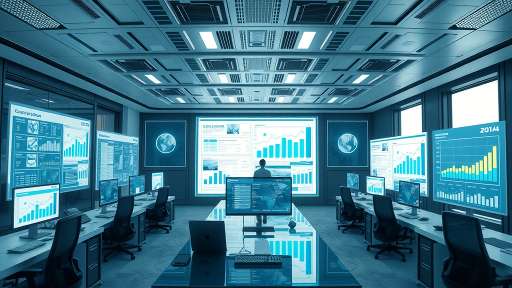 Digital workspace with crisis management plan templates for small businesses displayed on futuristic screens in a modern office