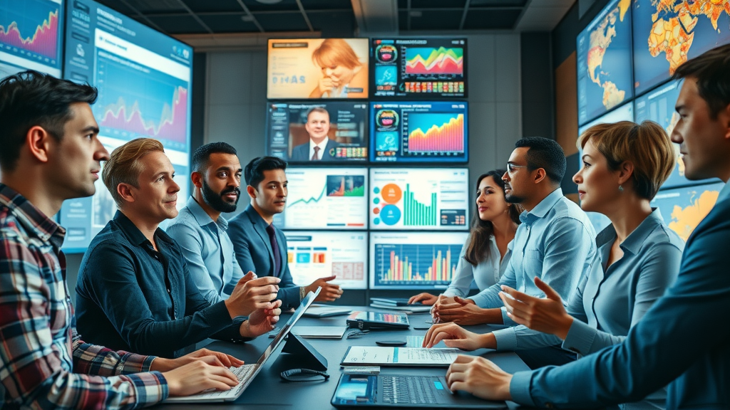 diverse marketers analyzing various ad formats for personalized ads in high-tech office, digital screens, ad personalization