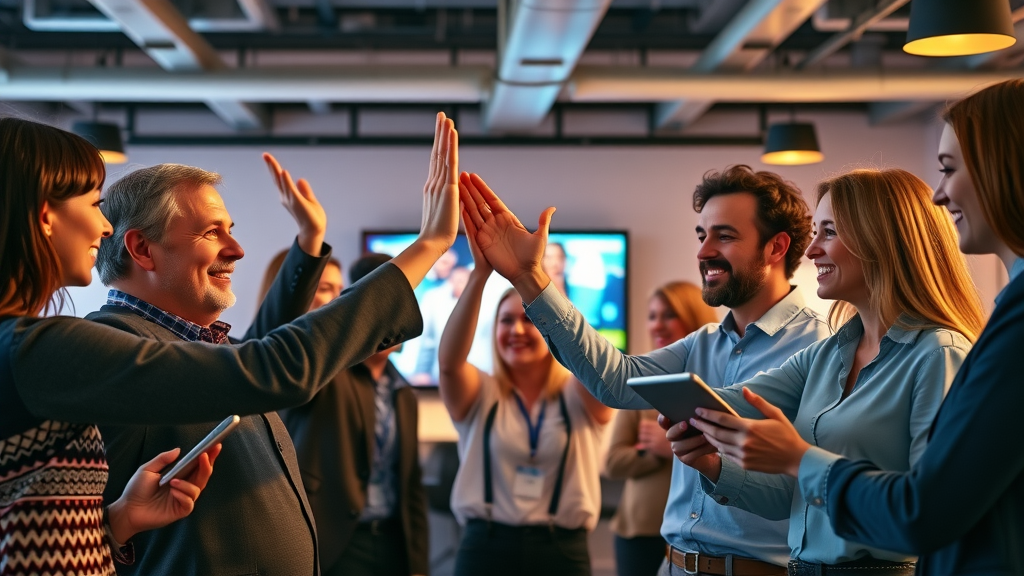 Unified marketing team collaborating and celebrating campaign launch in vibrant workspace