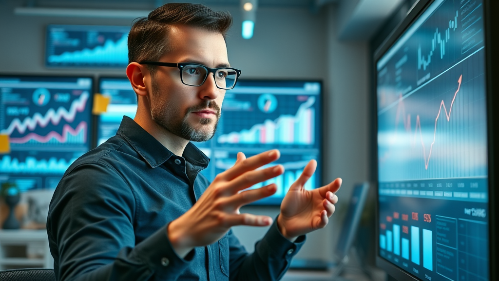 small business owner reviews marketing metrics on a large digital dashboard