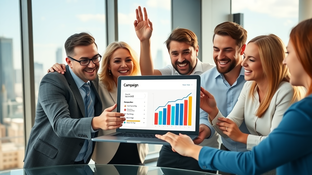 successful business team celebrating after positive marketing automation campaign results, modern office, customer experience, sales team, marketing automation platform, digital marketing