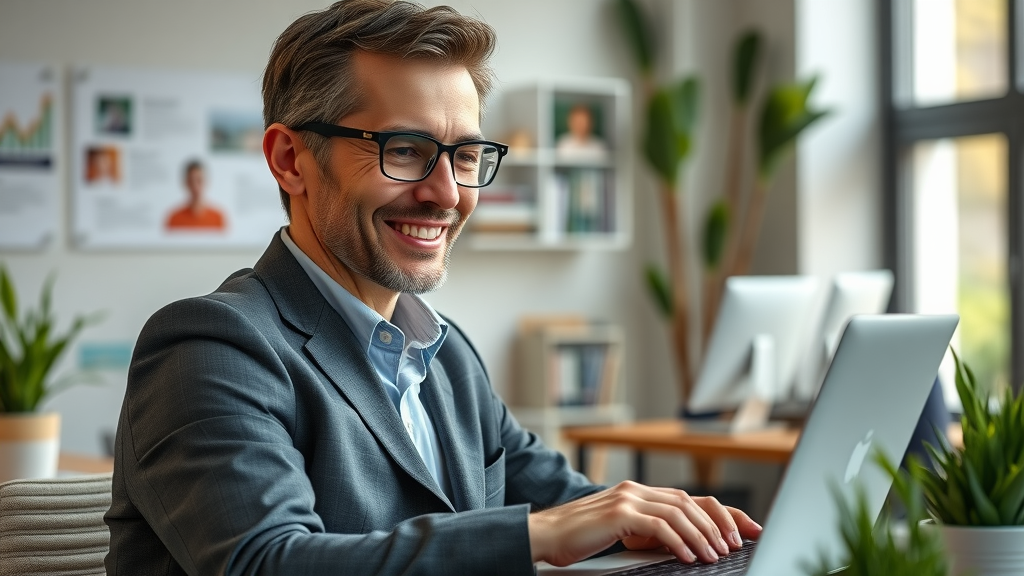professional business owner replying online to customer reviews, review response techniques in action, warm smile, contemporary office, soft lighting