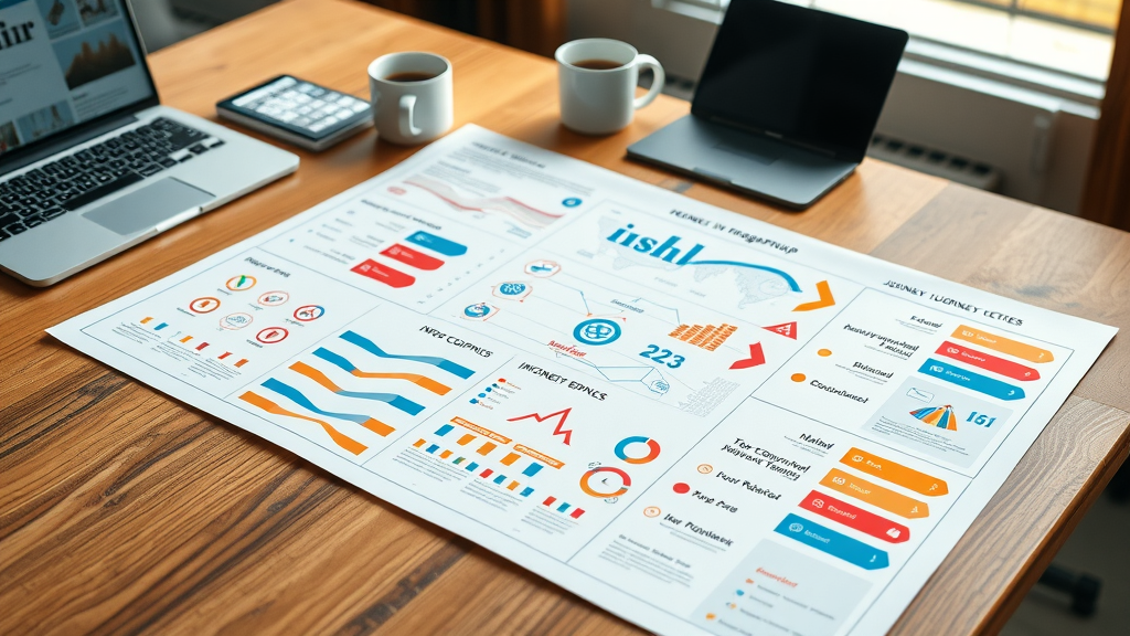 customer journey mapping infographic showing downloadable journey map templates with a laptop and coffee mug on a bright, creative co-working desk
