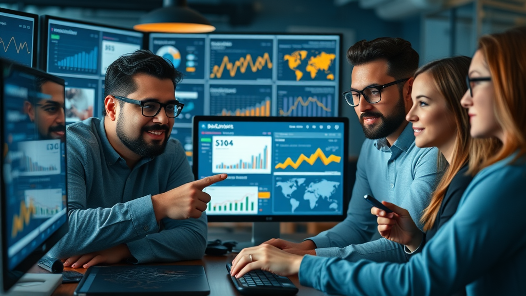 diverse marketing team analyzing omnichannel retargeting campaign results cross device data social media email analytics retargeting strategies