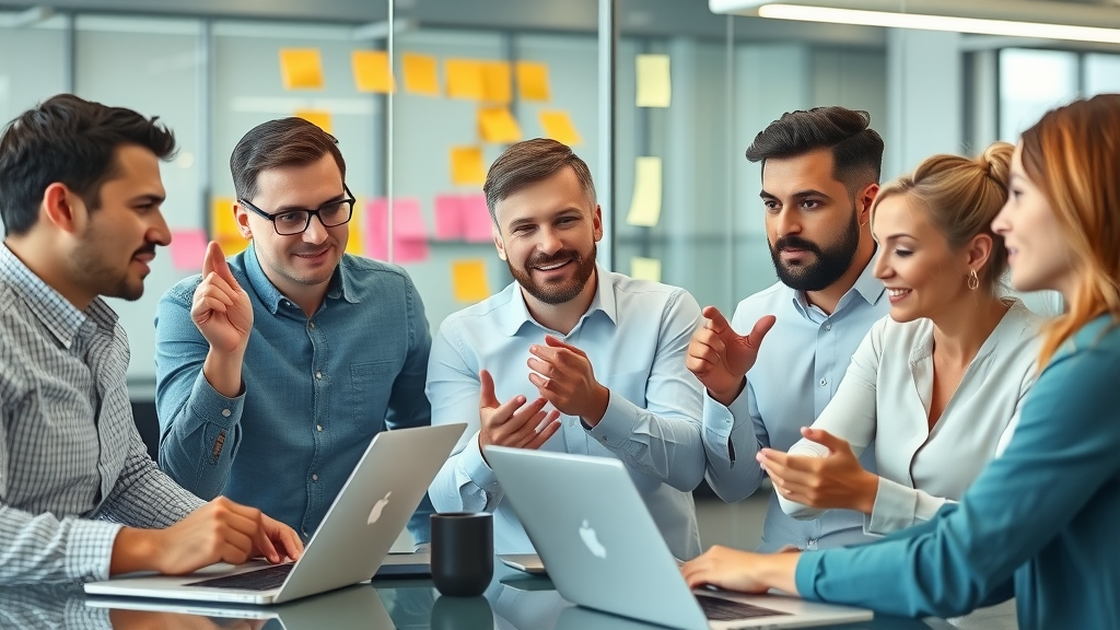 determined marketing team collaborating to solve project obstacles with teamwork in office