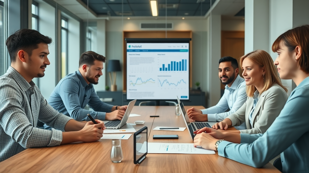 Small business team planning paid and organic media marketing campaign with analytics overlays