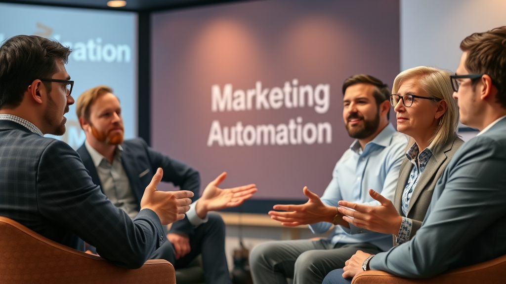 industry experts discussing marketing automation platforms, digital marketing insights, automation tool best practices; professional panel; animated interaction; customer experience