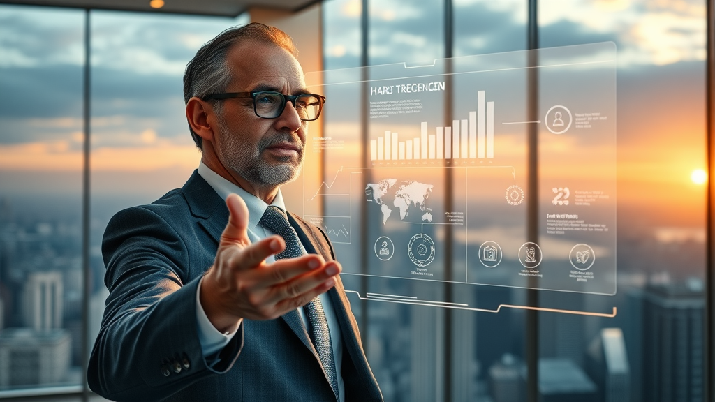 Business leader presenting data-driven cross-channel marketing strategy with city view