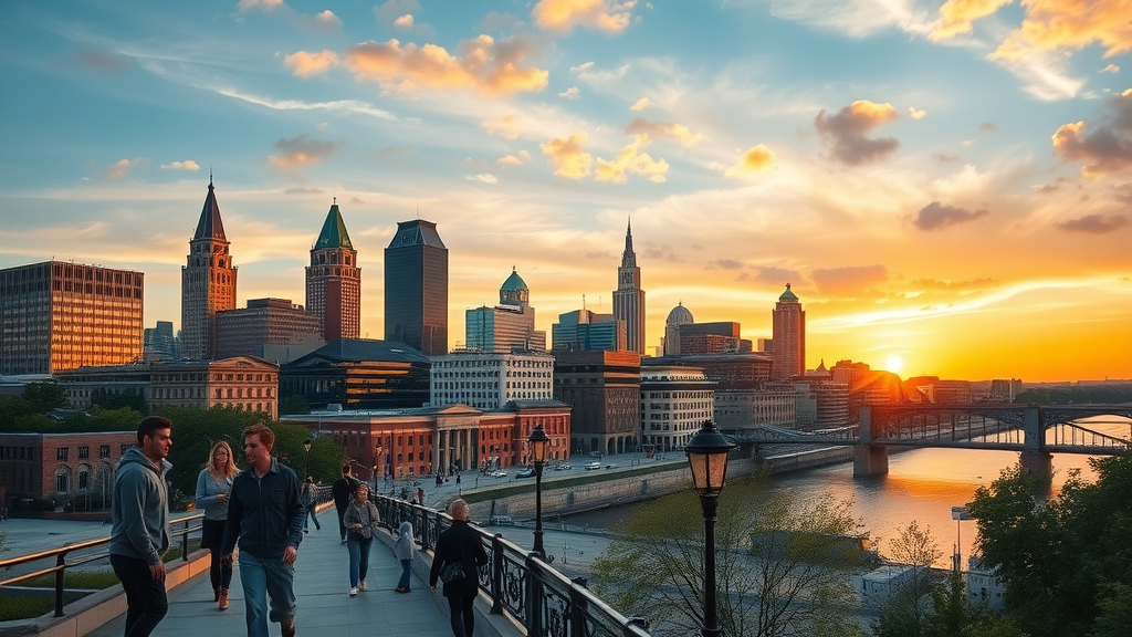 digital marketing tactics in Cincinnati downtown skyline at sunset with vibrant energy and bustling sidewalks