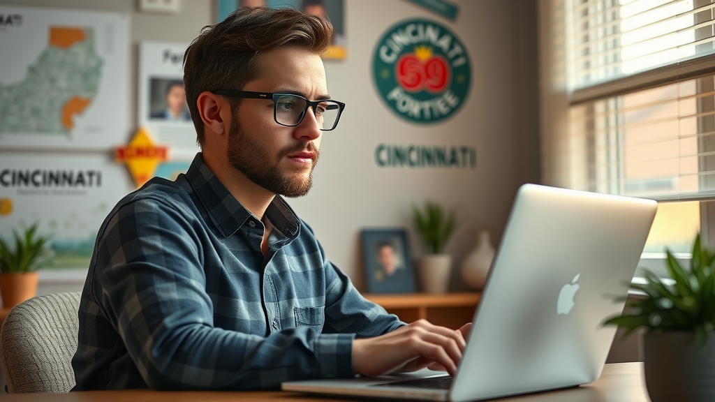 thoughtful small business owner planning digital marketing tactics in cozy Cincinnati workspace