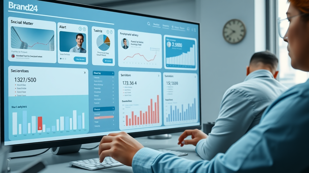 Brand24 dashboard with live social media feed, alerts, and sentiment analysis for brand monitoring and online rep management.