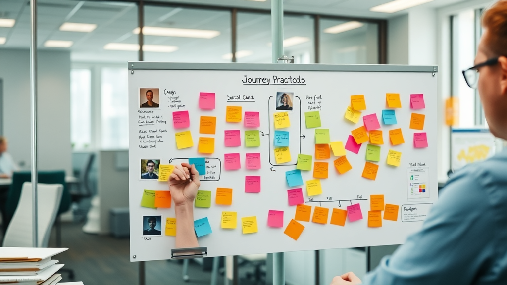 workspace with persona cards and customer journey map diagrams, business analyst organizing sticky notes, customer journey mapping elements
