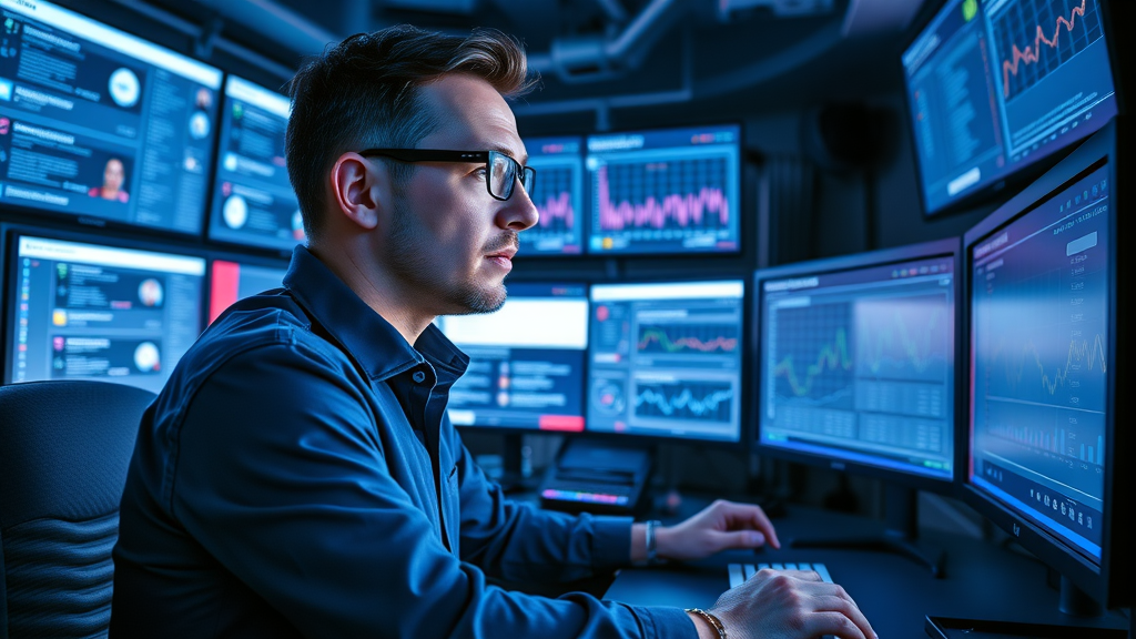 Alert social media manager in control room monitoring media platforms and social media reputation.