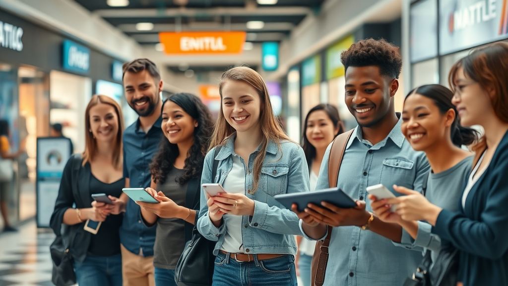 diverse group of customers having seamless experiences across digital and retail marketing channels, illustrating unified campaign management