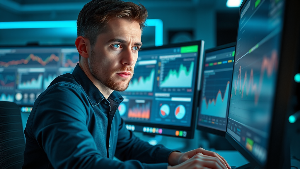 focused marketer analyzing digital marketing tactics and paid ad campaigns in high-tech workspace