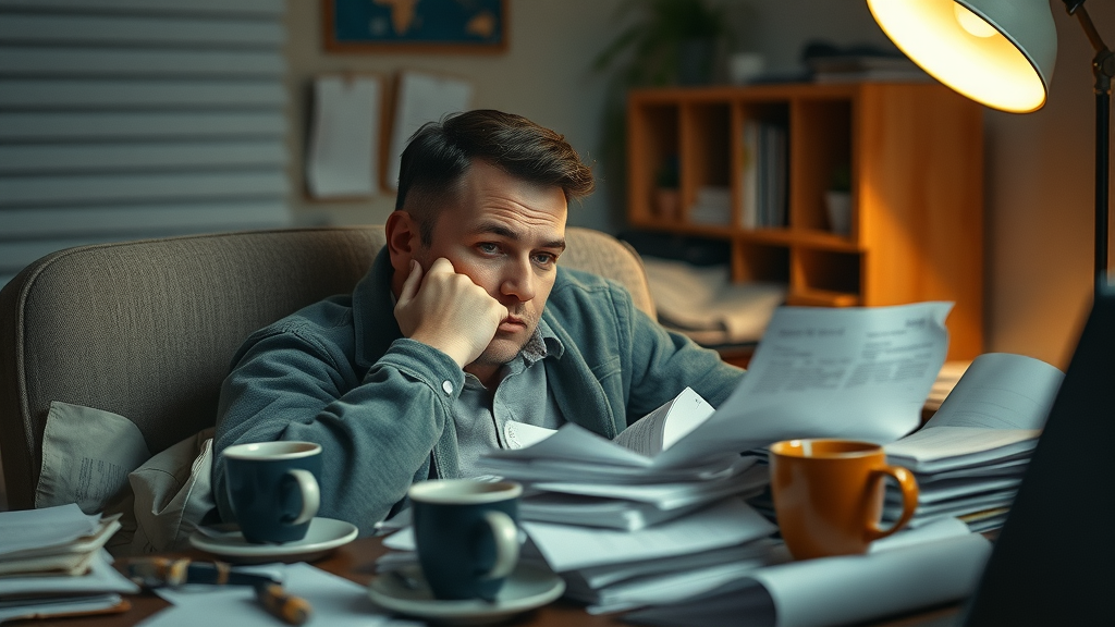 burnout in content creation, tired creator reflecting with unfinished drafts in cozy home office