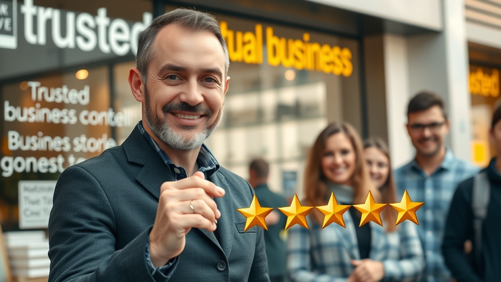 Small business brand with confident owner and happy customer showcasing social proof and 5-star reviews