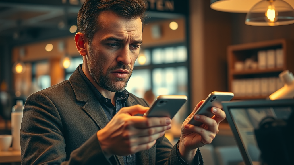 customer journey mapping pain point visual showing a frustrated customer with a confusing checkout interface on smartphone in a trendy café