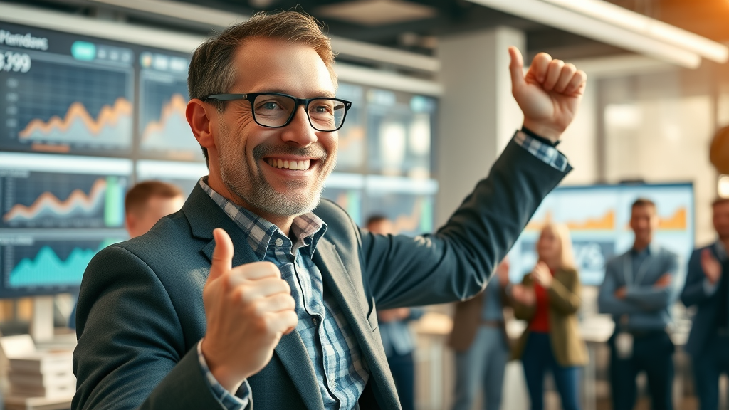 retail manager celebrating success due to brand monitoring tool insights