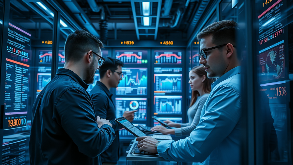 Marketers using analytics tools to monitor and process social media media data in a futuristic digital space