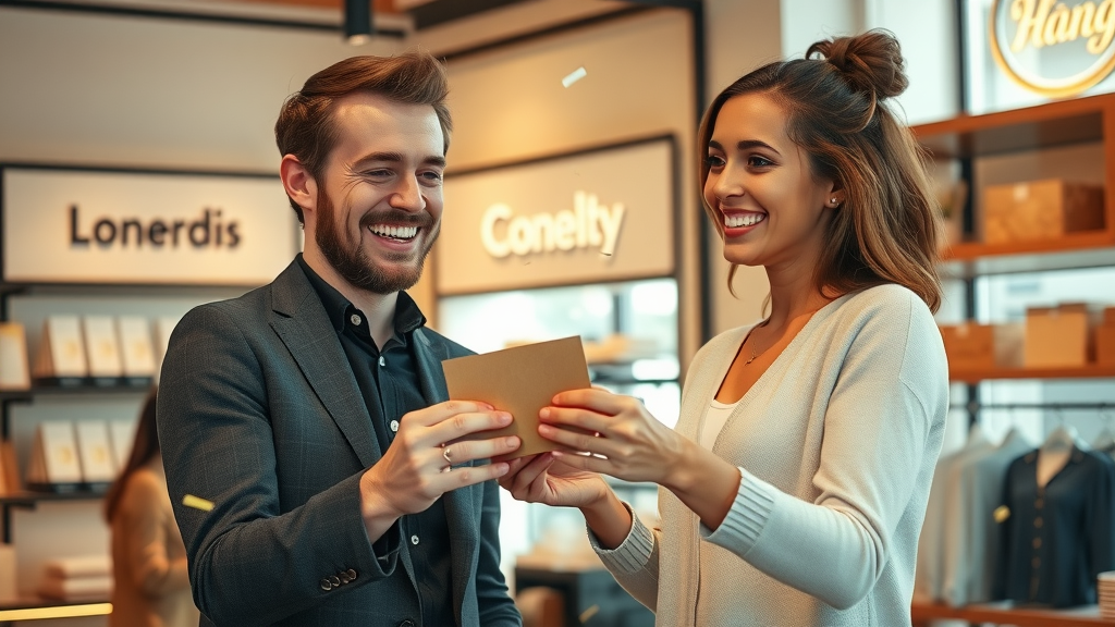 happy repeat customer receives loyalty reward from a small business employee at a branded boutique
