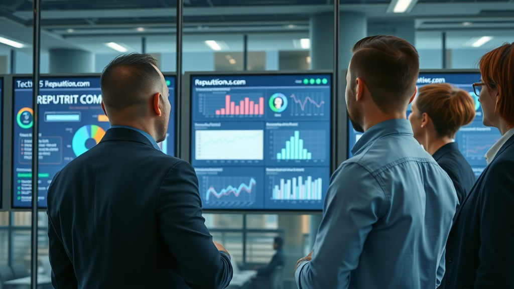 Corporate team analyzing Reputation.com dashboard, review site feedback, customer sentiment analytics in a tech hub, reputation monitoring.