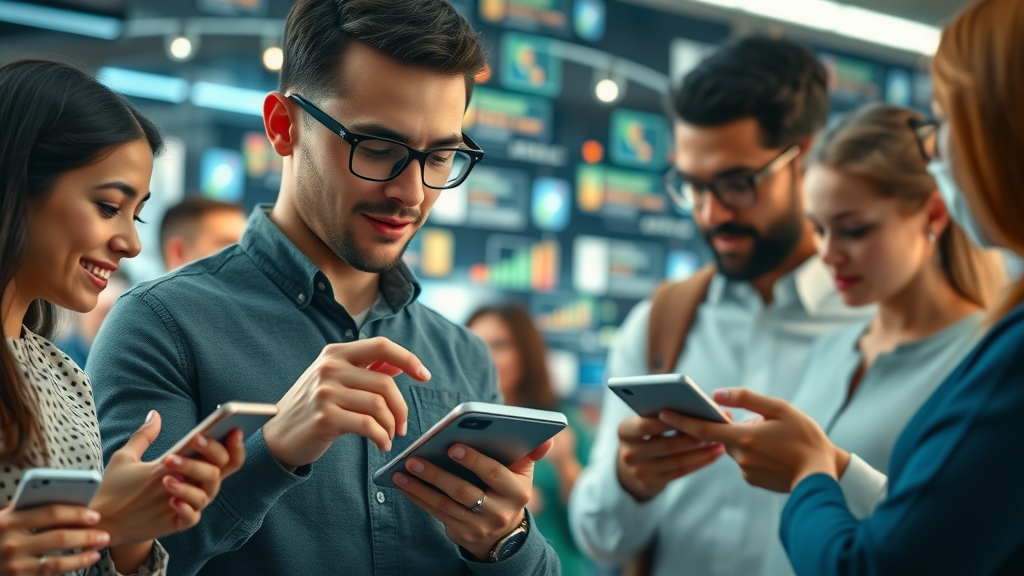 Visualization of diverse users engaging across multiple digital devices during a cross-channel customer journey for channel marketing.