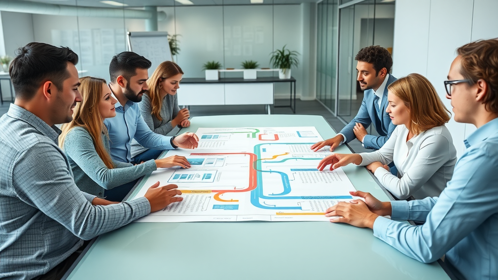 customer journey mapping business team analyzing a colorful customer journey map in a bright, modern office environment
