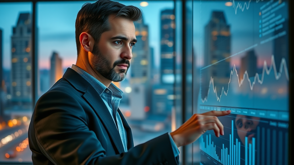 Marketer analyzing sophisticated data visualization in an urban office for data-driven marketing