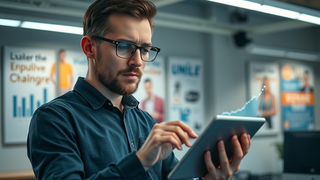 focused entrepreneur monitoring reputation metrics small business reputation management digital tablet modern co-working office