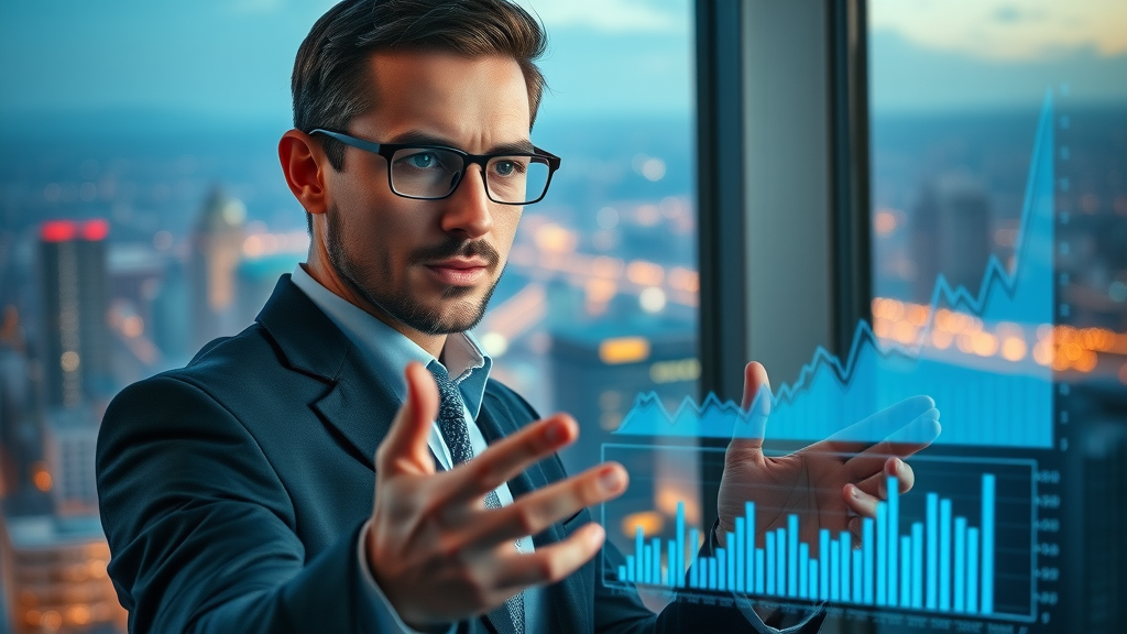 market analyst studying omnichannel marketing trends with futuristic digital graphs