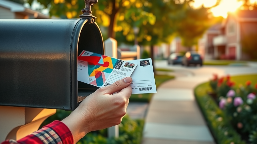 hand placing a colorful direct mail postcard in mailbox for small business marketing